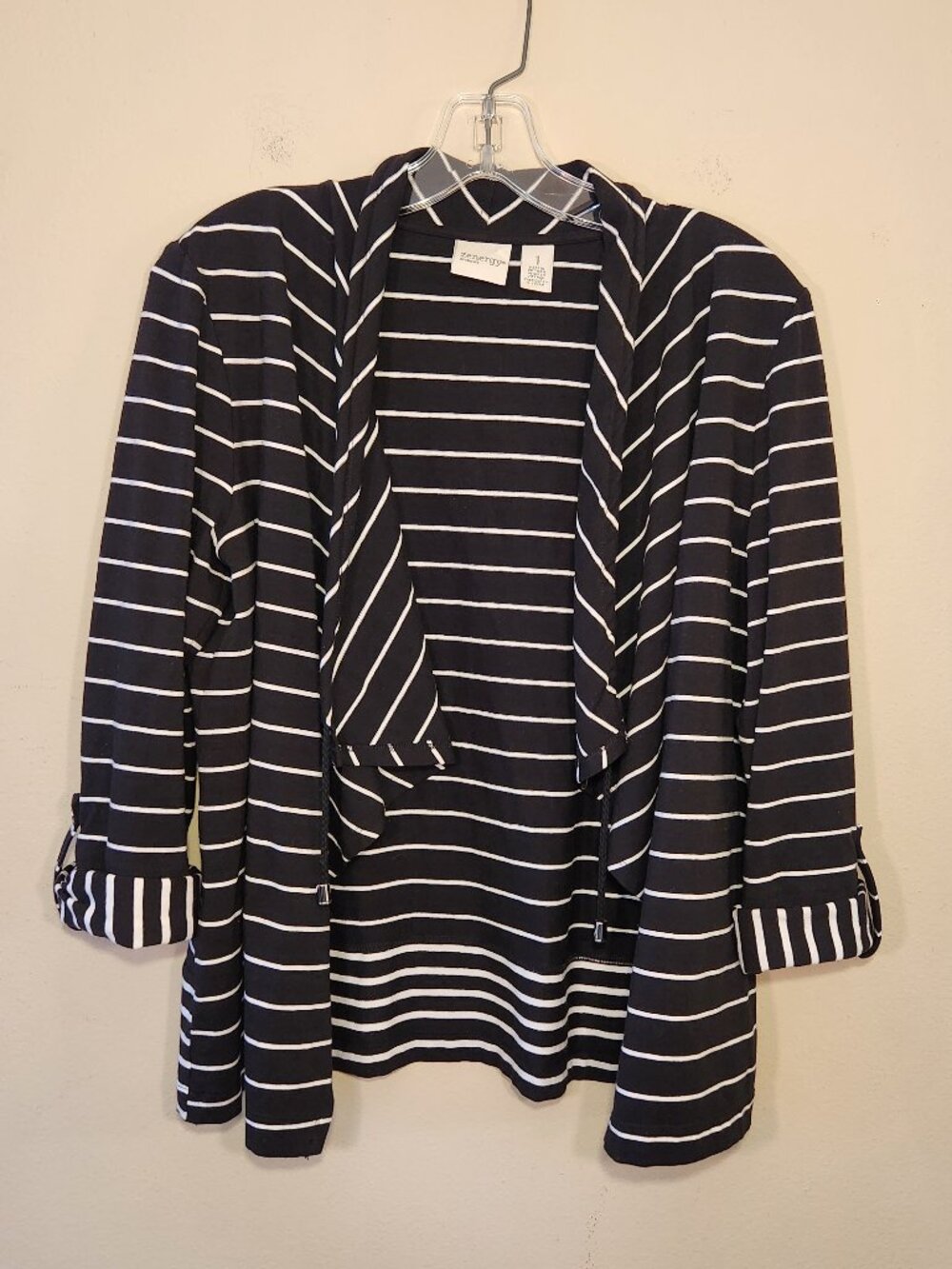 Zenergy by Chico's black and white striped open front light sweater size 1